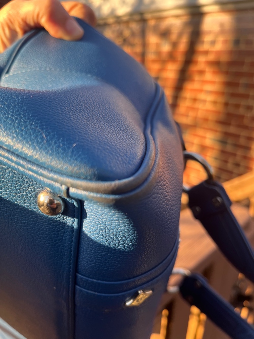 MCM  Blue Leather Satchel with Silver Hardware and end pockets - Picture 7 of 15